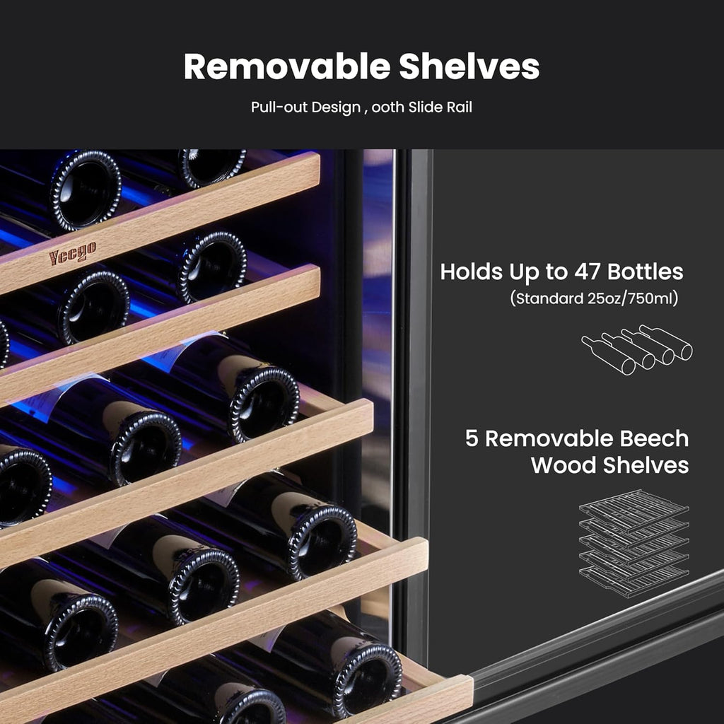 Yeego Wine Fridge Cooler - 24 Inch Dual Zone Wine Fridge Hold 47 Bottles, 40-65°F Wine Refrigerator Glass Door, Built in, Freestanding Under Counter Fridge for Beer Soda Drink Home Bar Office