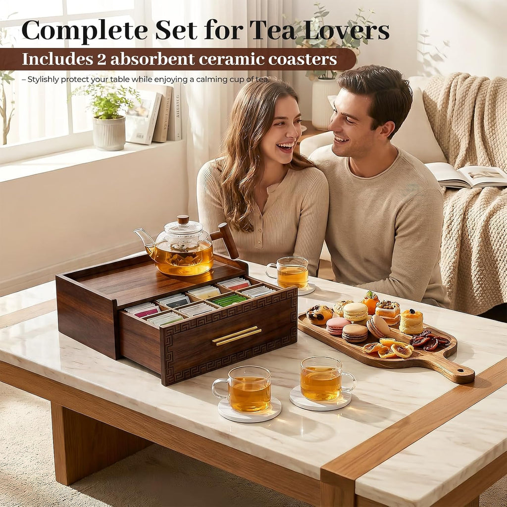 Acacia Wood Tea Bag Organizer with Storage Drawer | 8 Compartments Tea Caddy with Pattern Carving & 2 Ceramic Absorbent Coasters | Wooden Teabag Holder Tea Organizers for Countertop (Walnut)
