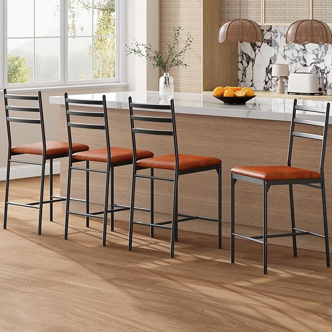 GarveeHome Bar Stools Set of 4, Counter Height Bar Chairs with Back and Thick Cushion, Upholstered Dining Chairs with Padded Seat, Barstools for Kitchen Island, Bar, Dining Room, Retro Brown