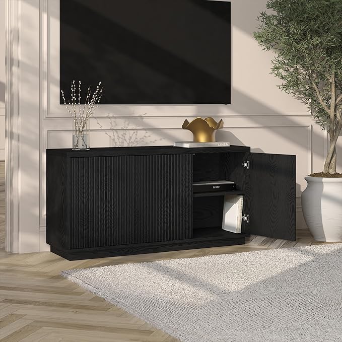 Henn&Hart Fluted TV Stand for TVs up to 55" with 3 Swing Out Ribbed Doors and Adjustable Shelves for Living Room, Family Room, or Office, Natural Black