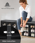Hzuaneri Shoe Storage Bench with Cushion, Entryway Storage Bench with 18 Cubbies, 9.5" Widened Organizer Cabinet, Long Cubby Rack for Living Room, Bedroom, Entryway, Black SB25704GY | 9.5" Widened Organizer Cabinet, large Cubby Shoe Rack for Living Room
