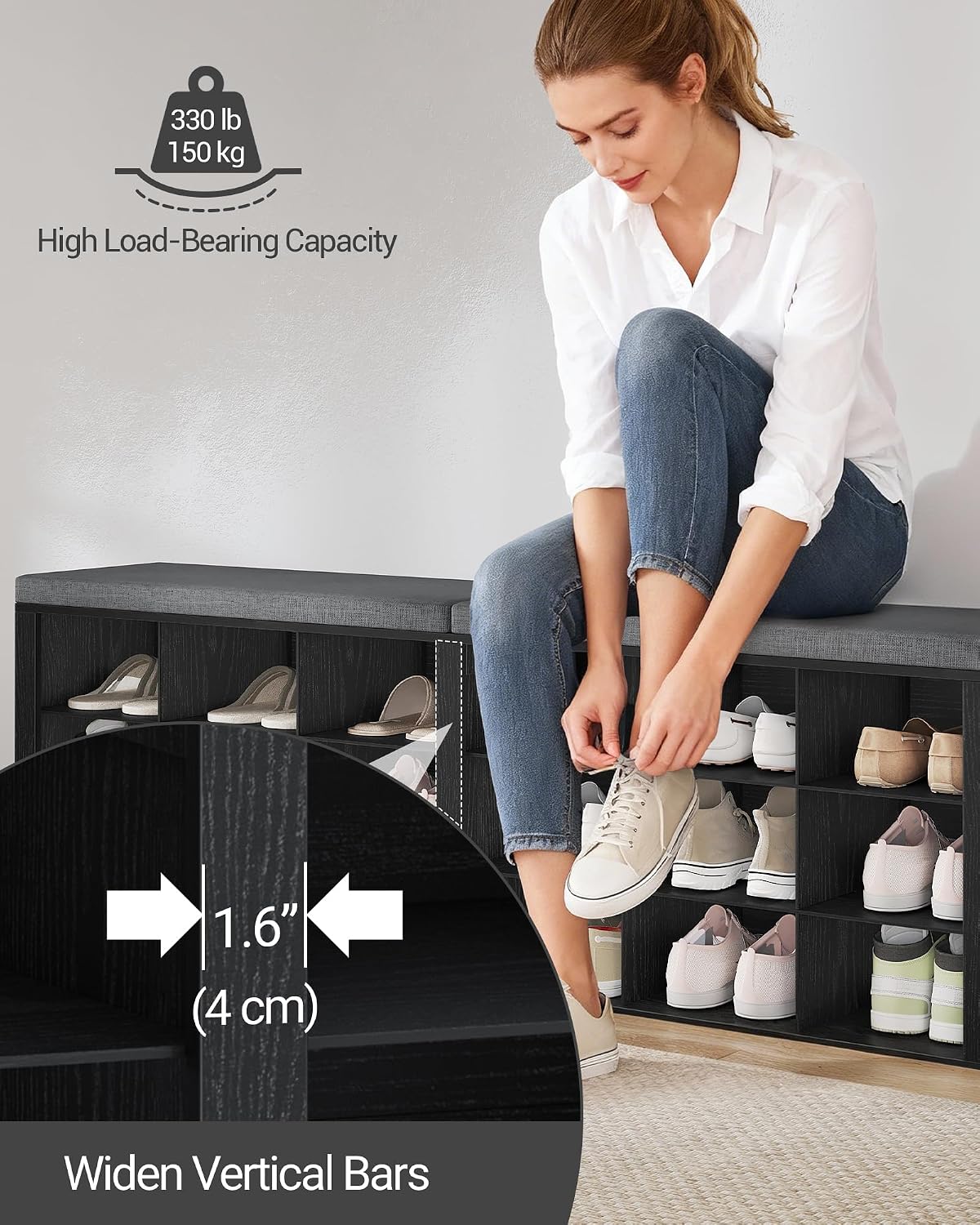 Hzuaneri Shoe Storage Bench with Cushion, Entryway Storage Bench with 18 Cubbies, 9.5" Widened Organizer Cabinet, Long Cubby Rack for Living Room, Bedroom, Entryway, Black SB25704GY | 9.5" Widened Organizer Cabinet, large Cubby Shoe Rack for Living Room