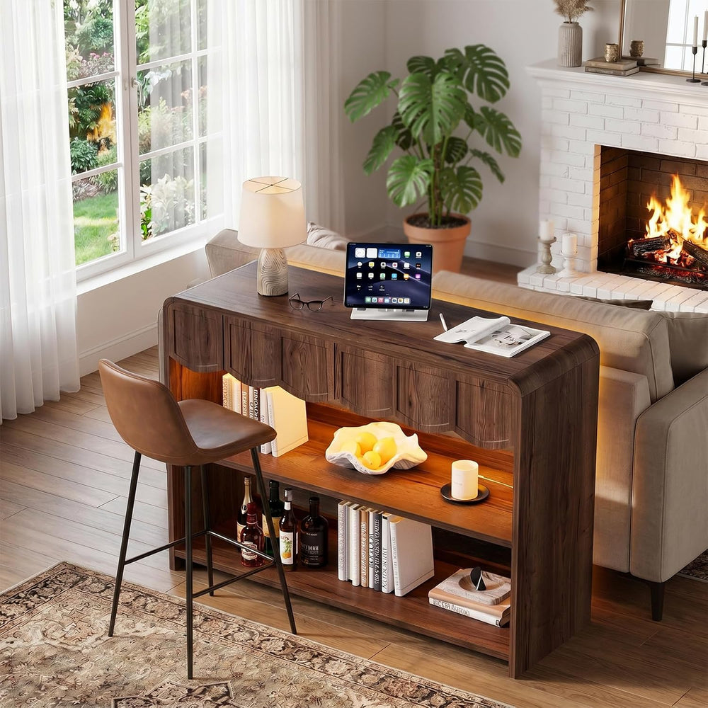 PAKASEPT Retro Entryway Table with RGB LED Lights, 43" Walnut Console Ta...