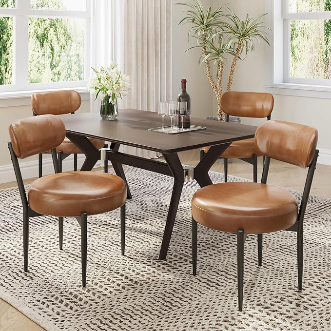 Upholstered Dining Chairs Set of 4, PU Leather Dining Room Chairs with Sturdy Metal Legs, Kitchen Chairs for Dining Room/Kitchen/Restaurant/Hotel, Modern Style, Brown