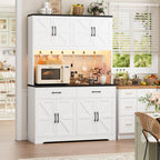 HIFIT 71" LED Pantry Cabinet with Charging Station, Tall Coffee Bar Cabinet | Farmhouse Kitchen Hutch Cabinet with Storage, Large Countertop, 7 Metal Cup Hooks, White+Black