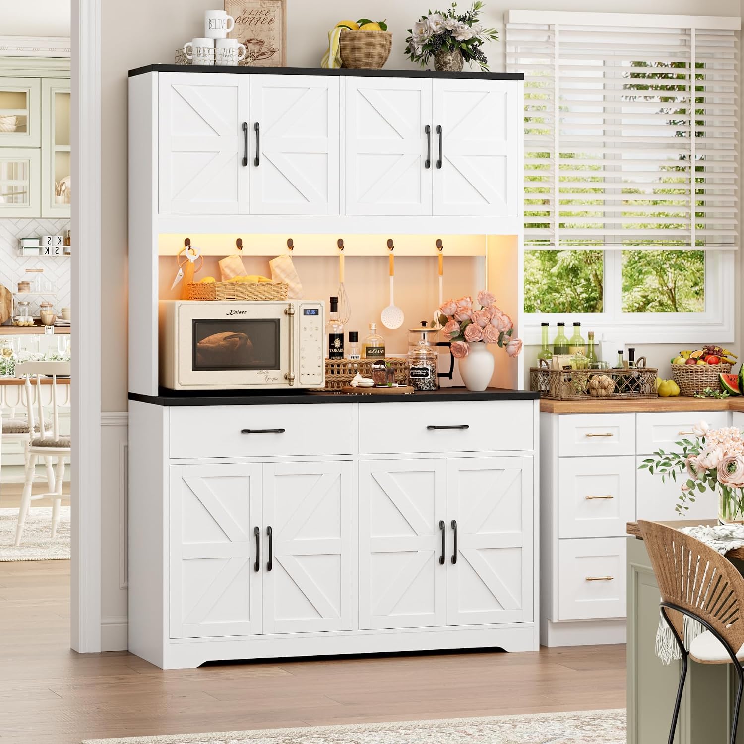 HIFIT 71" LED Pantry Cabinet with Charging Station, Tall Coffee Bar Cabinet | Farmhouse Kitchen Hutch Cabinet with Storage, Large Countertop, 7 Metal Cup Hooks, White+Black