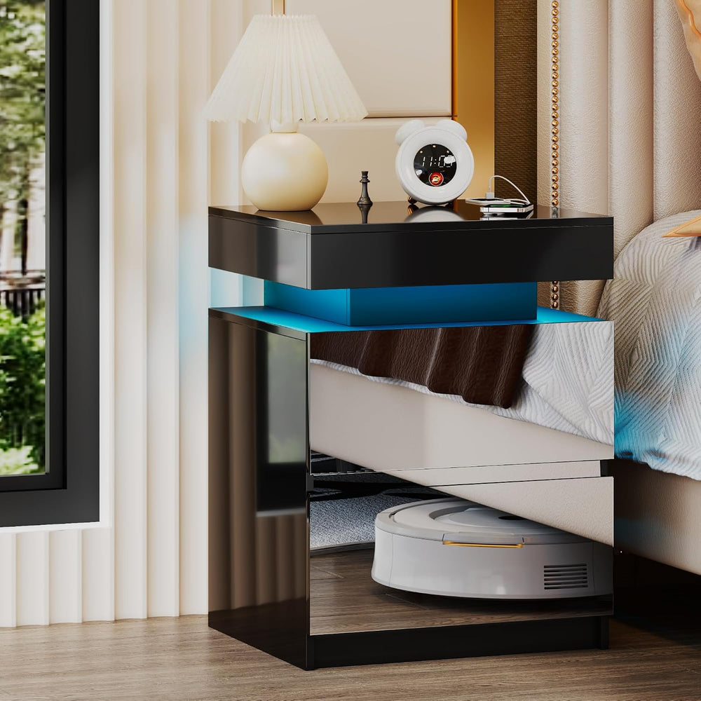 LED Nightstand - Bedside Table with Charging Station and 2 Mirrored Drawers S...