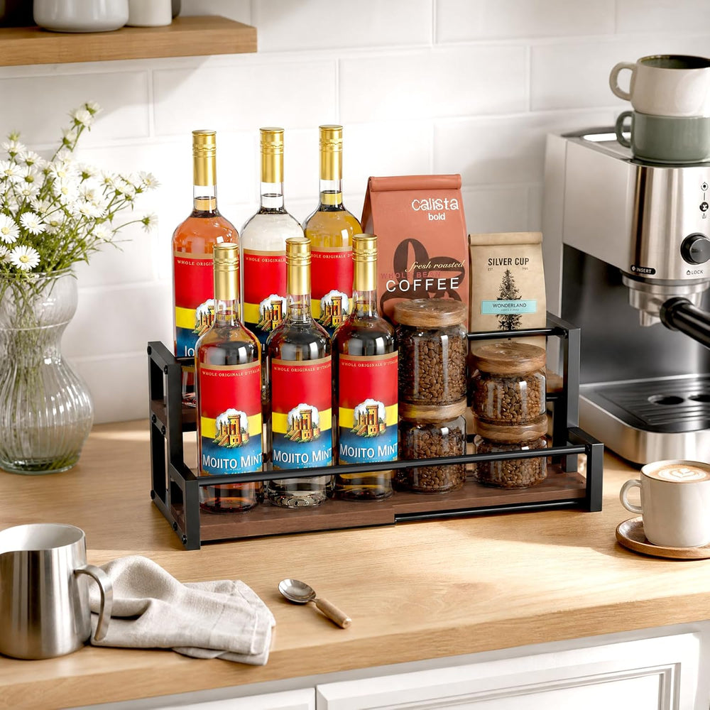 Expandable Coffee Syrup Organizer, Syrup Rack with Wood Base | Customized Wid...