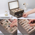 Meangood Jewelry Box Organizer for Women, 2 Layer Large Jewelry Storage Case, Rustic Wooden Jewelry Box with Mirror & Ring Tray for Necklace Earring Bracelets Rings, Vintage Style (Weathered Grey)
