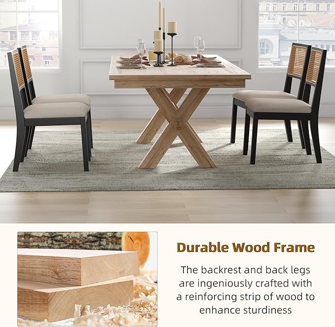 Westice Rattan Dining Chairs Set of 4, Farmhouse Natural Dining Room Chairs with Upholstered Cushion, Wood Armless Chairs for Kitchen/Restaurant, Black