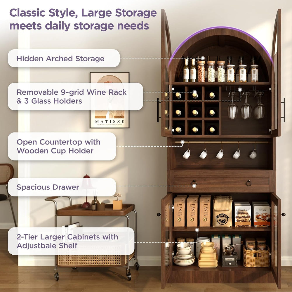 Merax 70" Tall Arched Farmhouse Pantry Cabinet with Glass Doors, Walnut ...
