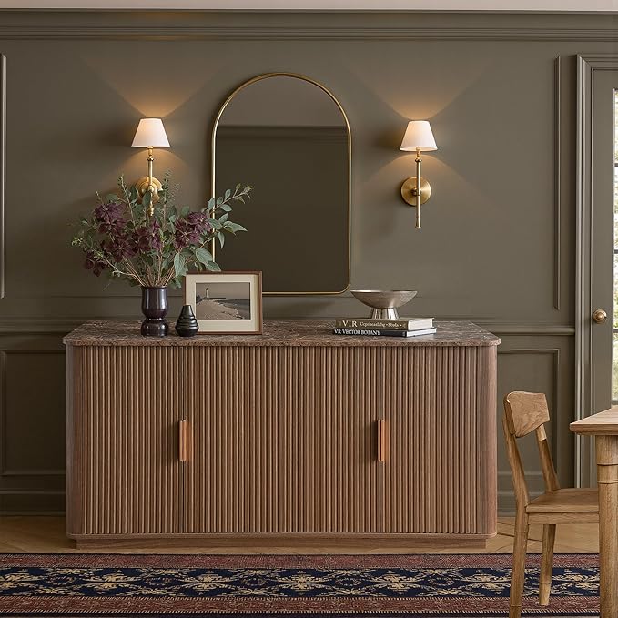win2win 63" Fluted Sideboard Buffet Cabinet with Faux Marble Top, Mid Century Modern Credenza with Storage, Wood Media TV Console Accent Cabinet for Living Room Kitchen Hallway, Walnut