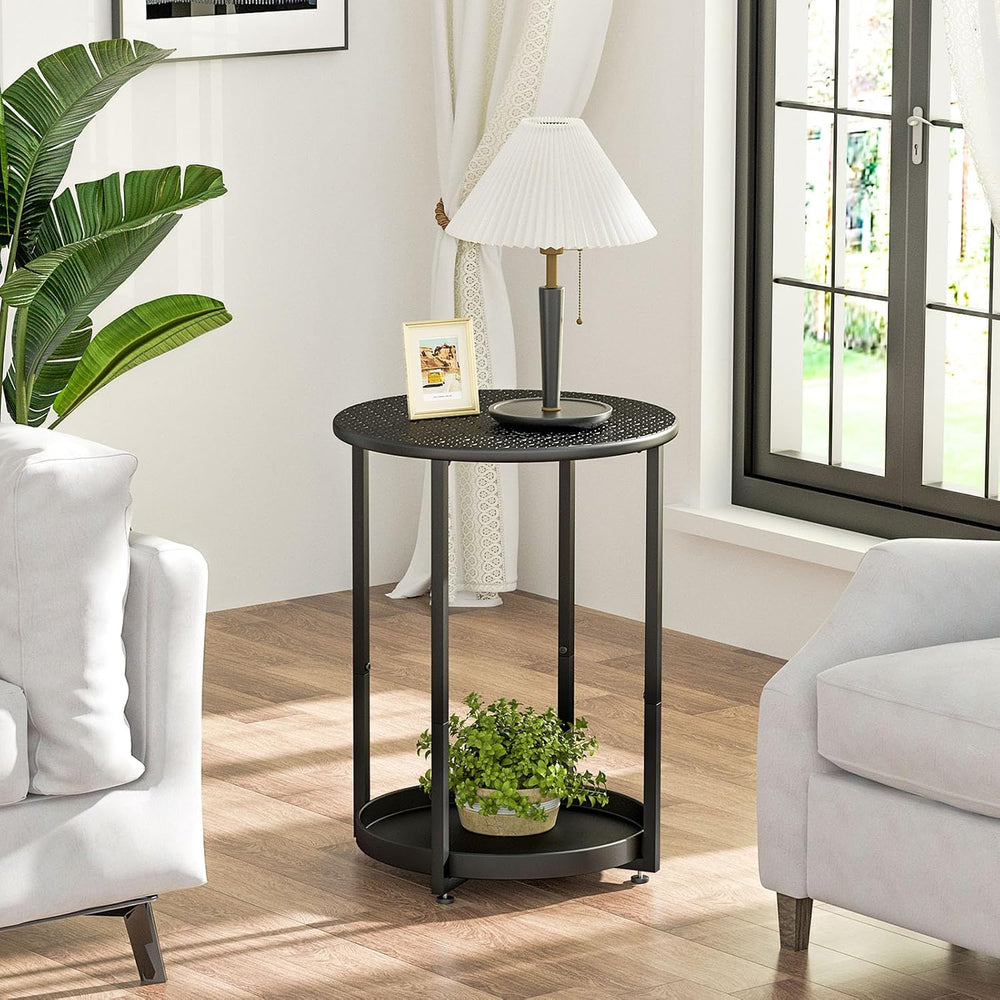 Small Round Side Table, 2 Tiers End Table, Nightstand with Metal Storage Shel...
