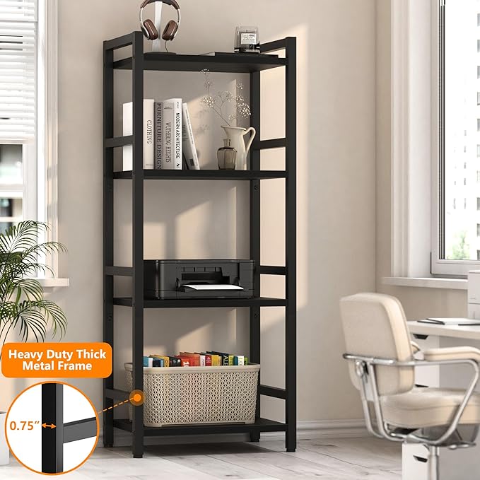 Book Shelf, 4 Tier Bookcase with Steel Frame, Stable Bookshelf Narrow Book Shelves Storage Organizer for Book CD Movie, Open Book Shelves for Living Room, Home Office, Study, Black