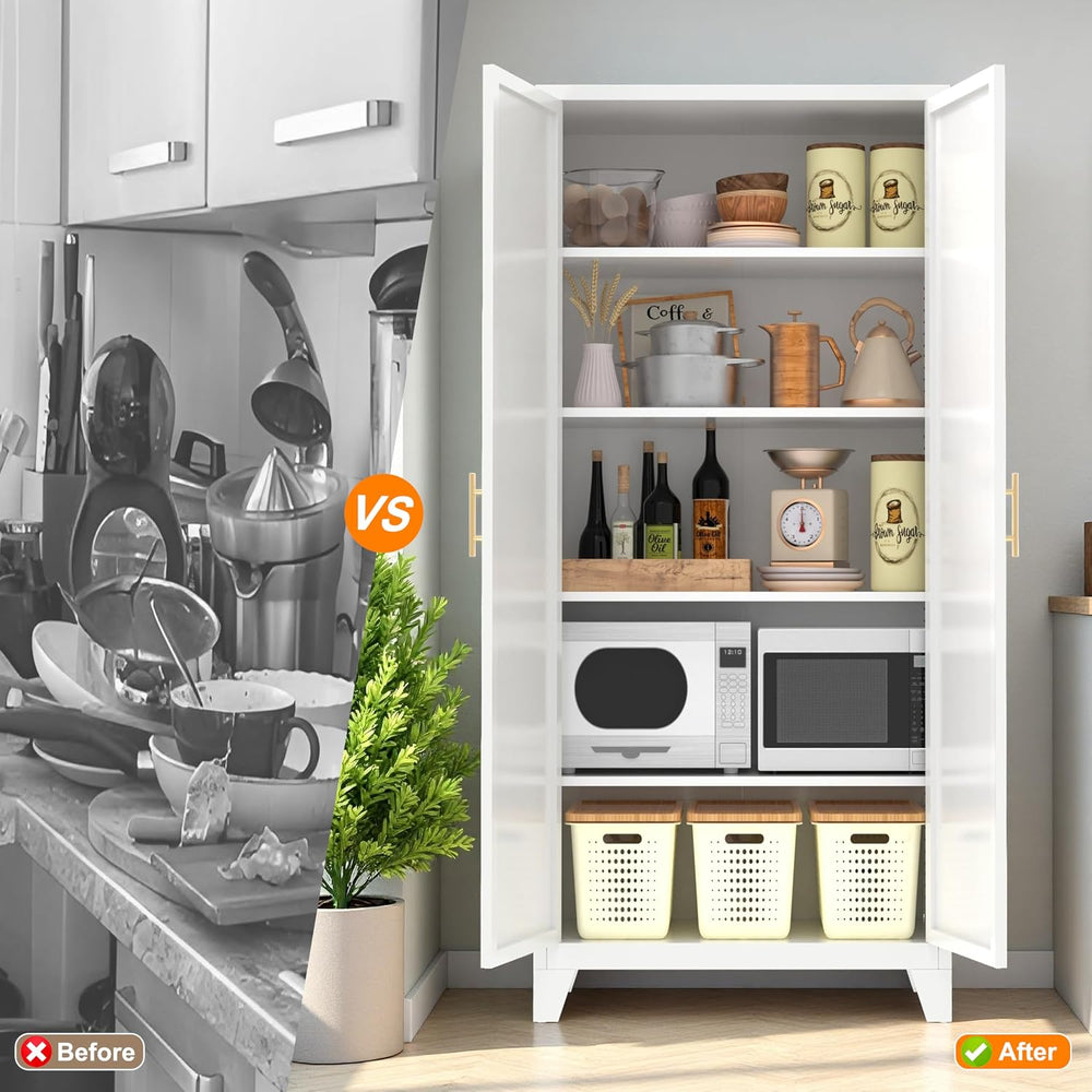 71'' Tall Kitchen Pantry Cabinet, Metal Storage Cabinet with 2 Doors ...