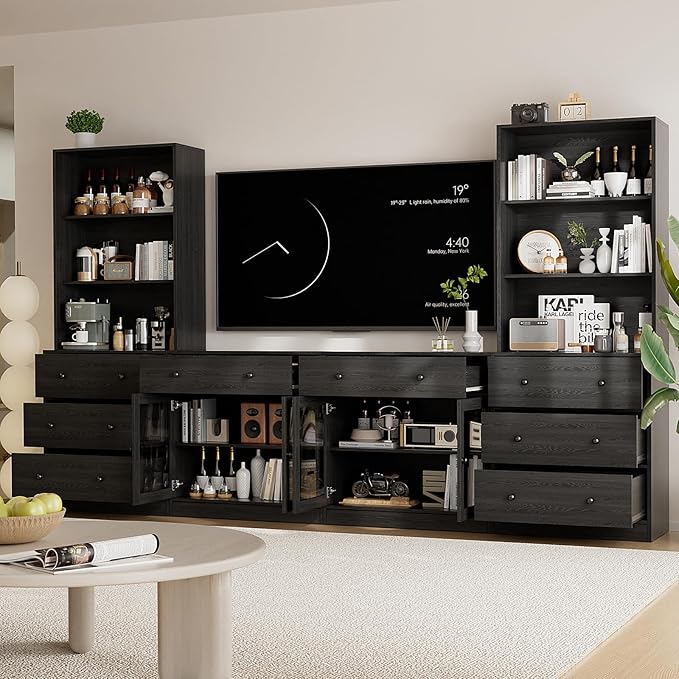 TUSY 71" Large TV Stand Set - TV Entertainment Center for TVs up to 65", Media Center with Tempered Glass Doors and Drawer, TV Hutch with Bookshelves for Living Room (Black, BFFB)