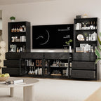 TUSY 71" Large TV Stand Set - TV Entertainment Center for TVs up to 65", Media Center with Tempered Glass Doors and Drawer, TV Hutch with Bookshelves for Living Room (Black, BFFB)