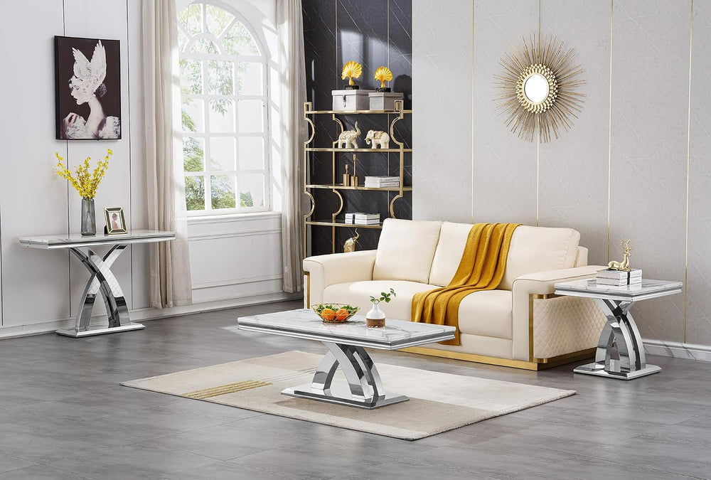 1 Piece Living Room End Table Luxury Faux Marble Sofa Side Table, Modern Whit...