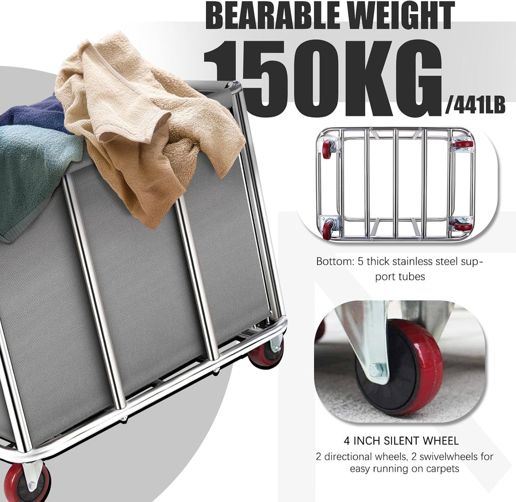 Commercial Laundry Cart on Wheels, 11.35 Bushels Large Laundry Roller, Heavy Duty Stainless Steel, Gray-10