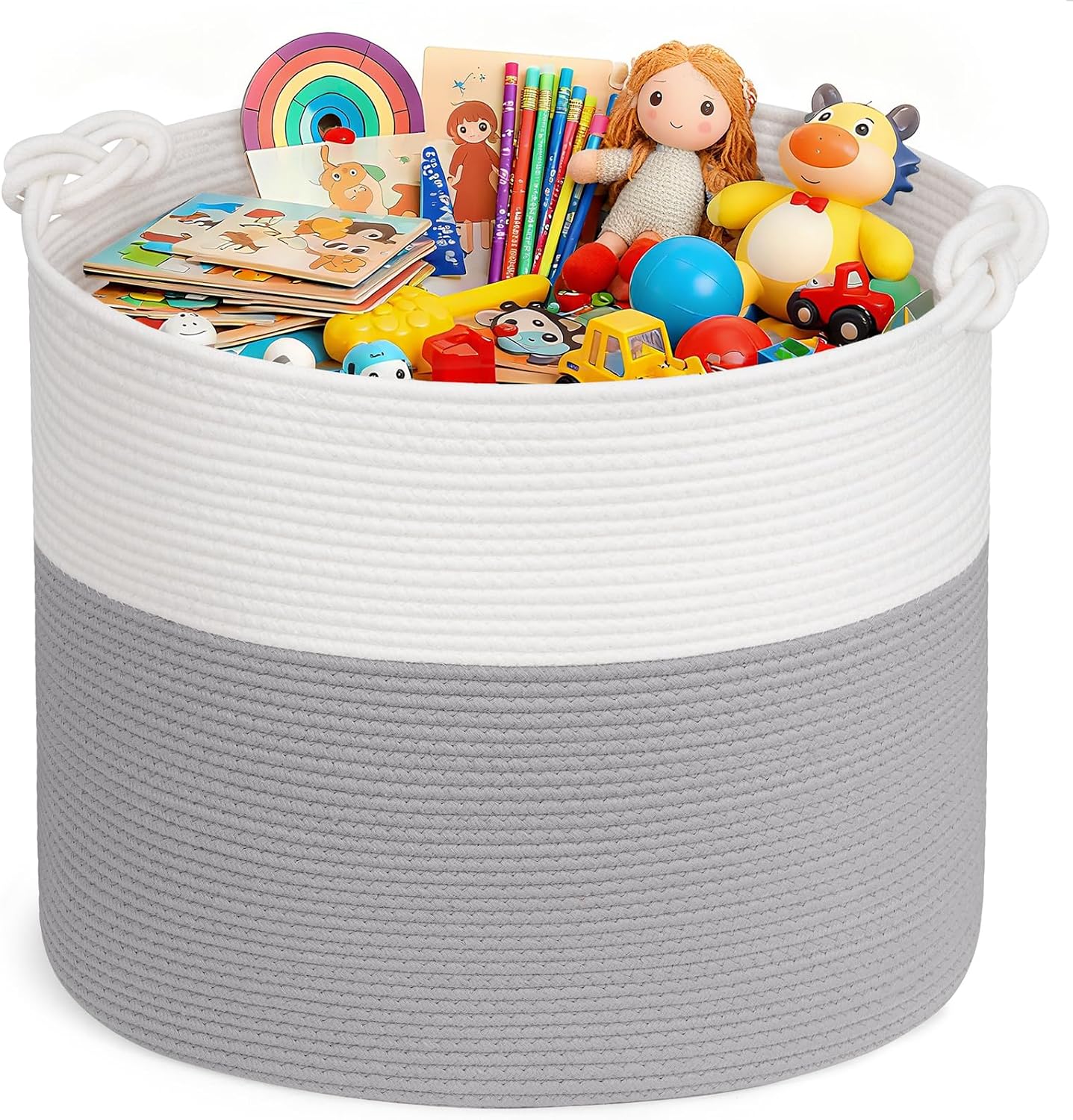 Goodpick Large Woven Rope Toy Storage Basket for Living Room, 60L, Grey | Small Laundry Basket for Organizing Baby Clothes, Blankets & Pillows, Great for Bedroom Nursery Home Décor