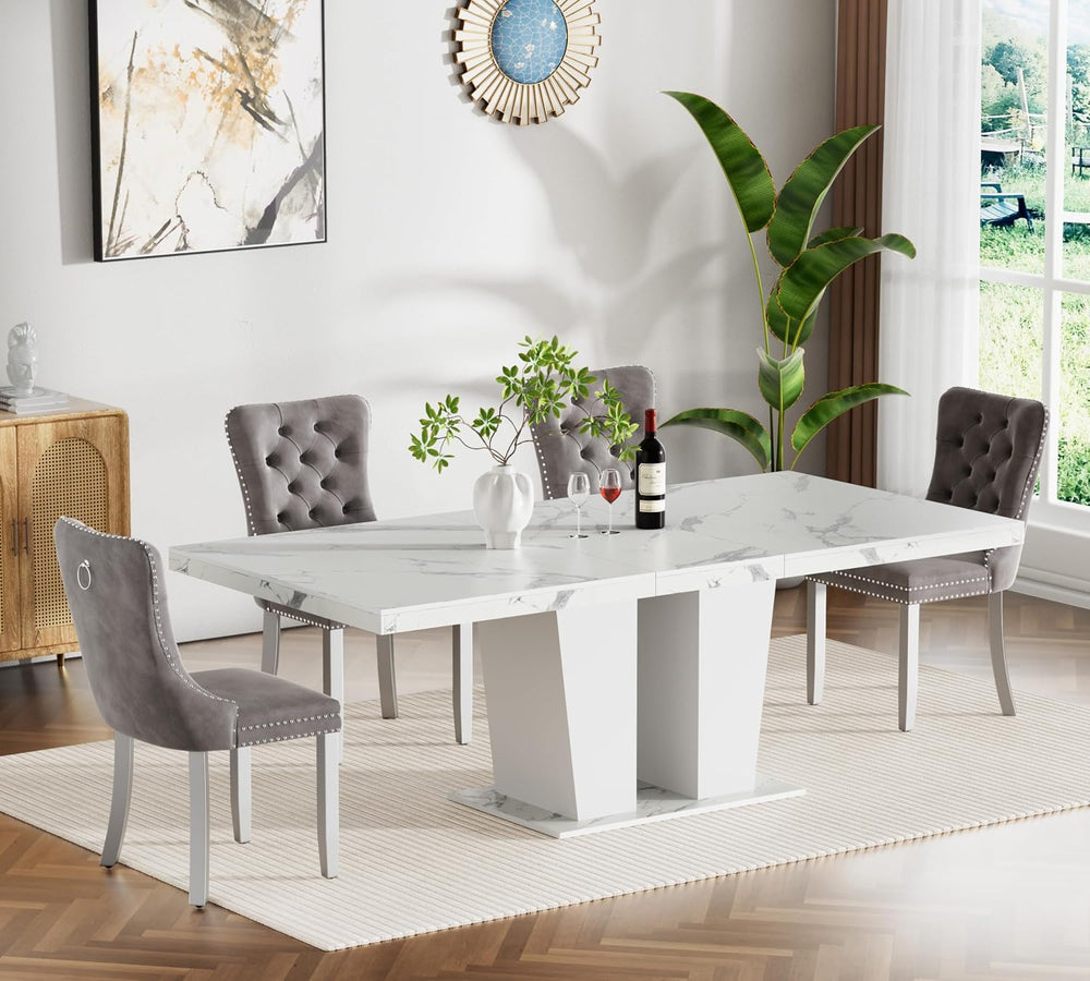 White Faux Marble Dining Room Table Set for 4, 5-Piece 63"-78.74" E...