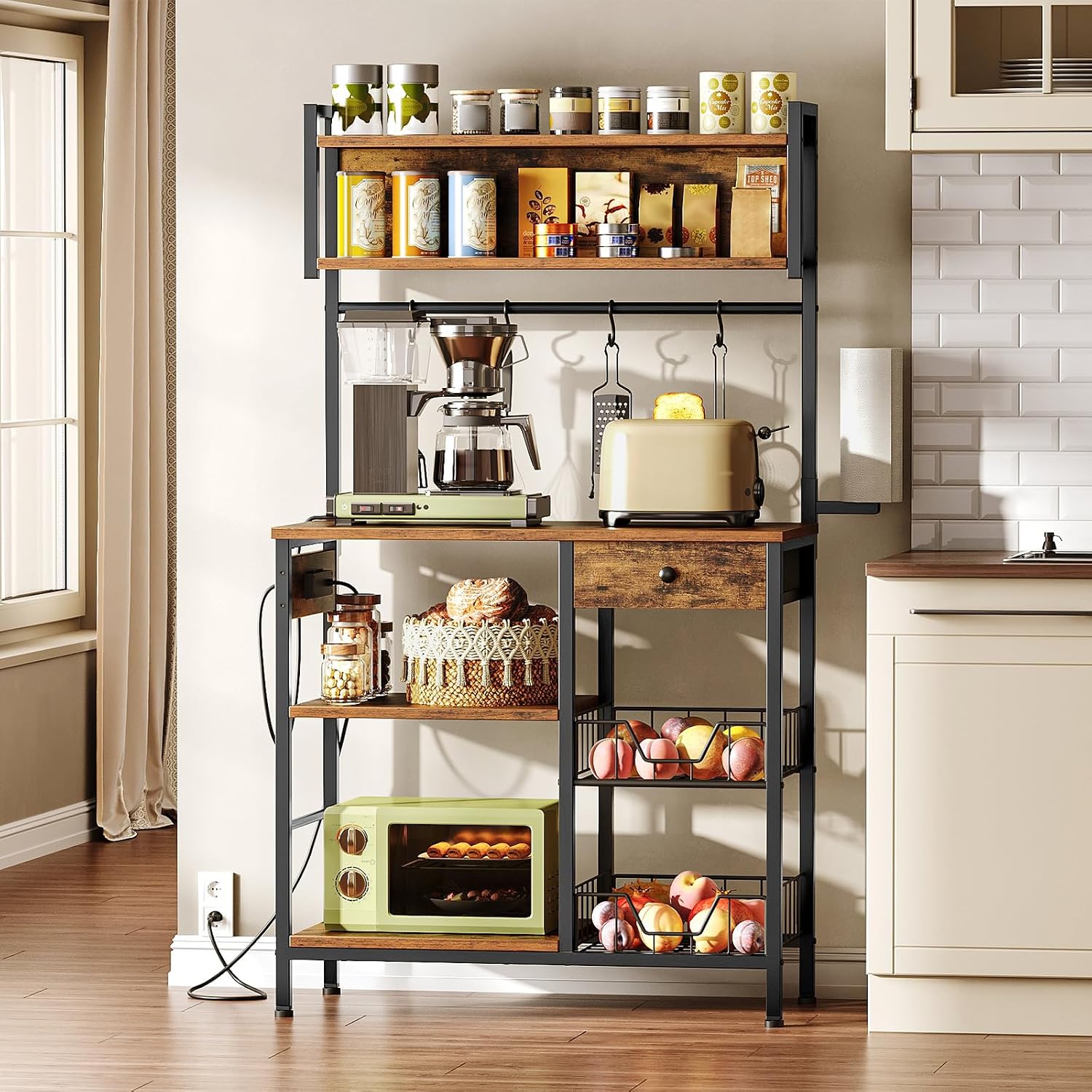 HOOBRO Bakers Rack with 4 AC Power Outlets, 5-Tier Coffee Bar with Wire Basket, Microwave Stand with Paper Holder and Drawer, Kitchen Storage Shelf, Rustic Brown and Black BF84UHB01