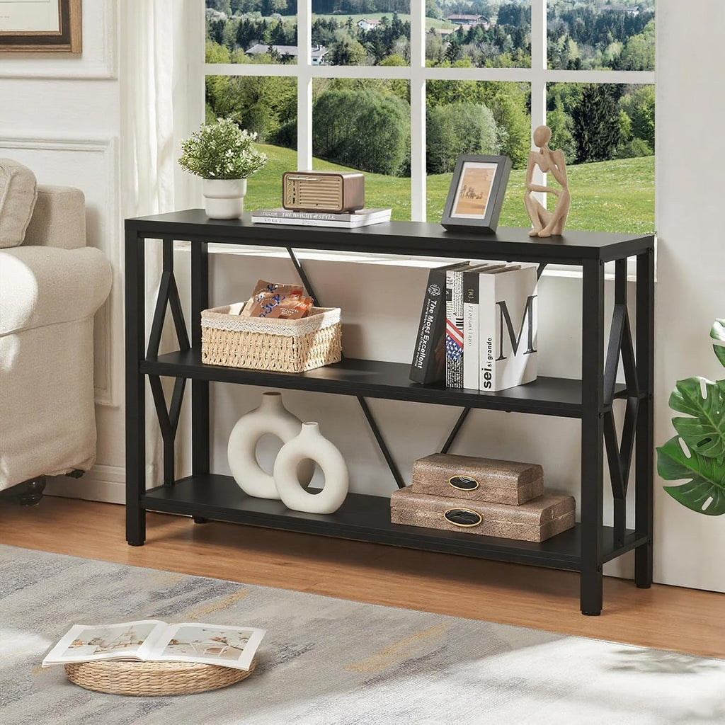 HOMISSUE Sofa Console Table, Rustic Console Table with 3-Tier Storage, Engineered Wood Sofa Tables with Open Shelves, Heavy Duty Entryway Tables for Living Room, Hallway (47 Inch, Black)