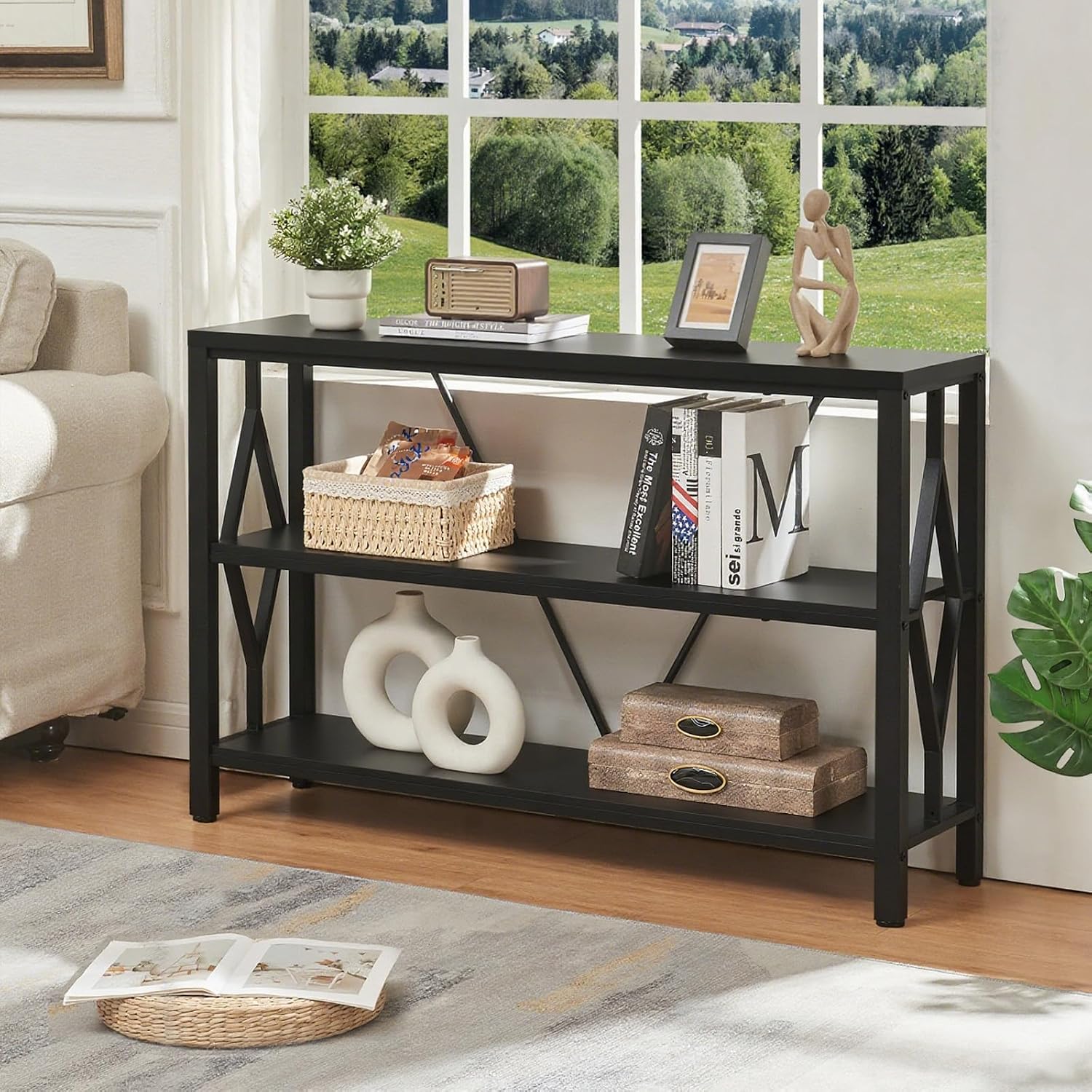 HOMISSUE Sofa Console Table, Rustic Console Table with 3-Tier Storage, Engineered Wood Sofa Tables with Open Shelves, Heavy Duty Entryway Tables for Living Room, Hallway (47 Inch, Black)