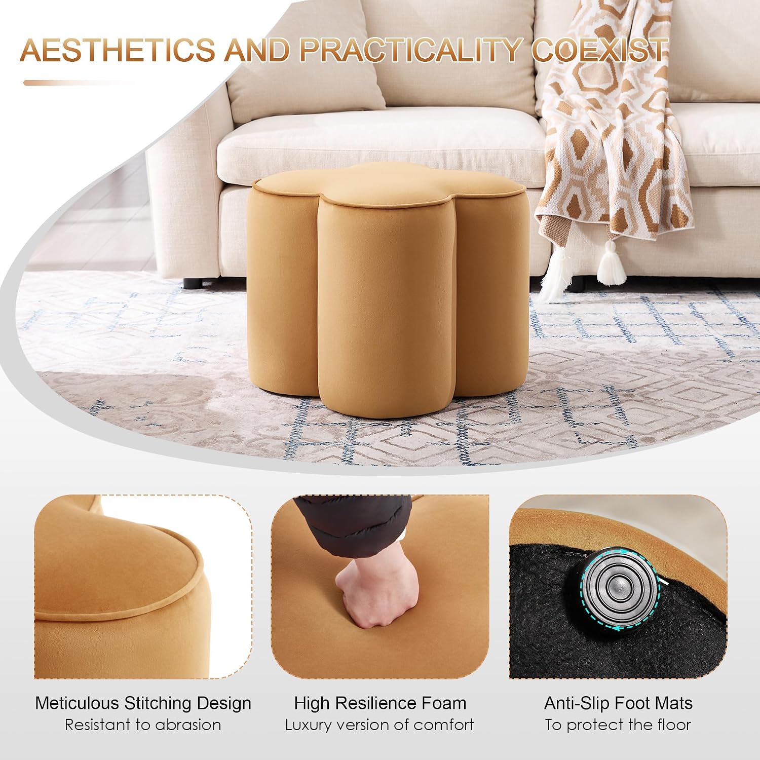 Zesthouse Flower Pouf Ottomans Foot Rest Set of 2, Velvet Poofy Ottomans | Large Ottoman Footstool for Couch, Modern Living Room Stool Seat, Cute Square Vanity Stool for Bedroom, Camel Dorm Foot Stool
