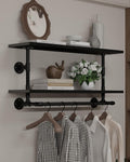 Clothes Rack 36in, 2-Tier Wall Mounted Garment Rack with Real Wood Shelf, Heavy Duty Hanging Clothes Rack, Multi-Purpose Hanging Rod, Space-Saving Closet Storage