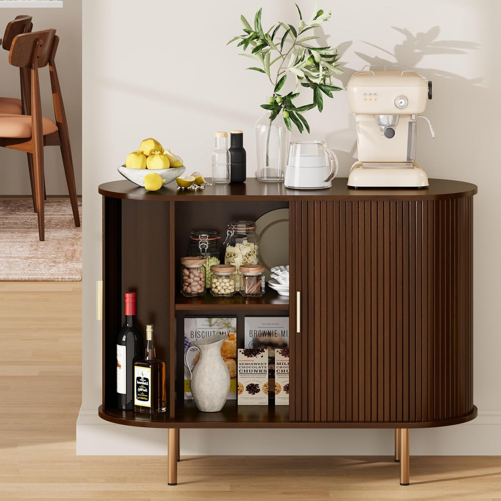 Sideboard Buffet Cabinet with Storage, 40 Inch Mid Century Modern Fluted Credenza with Sliding Door & Adjustable Shelf, Coffee Bar Cabinet for Kitchen, Living Room, Entryway