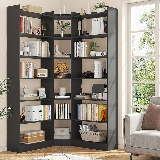 70.8" Tall Corner Bookshelf and Bookcases, 7 Tiers Morden Large Etagere Bookcases Storage Display Rack with Baffle, Industrial L-Shaped Bookshelves for Bedroom, Home Office, Living Room, Black