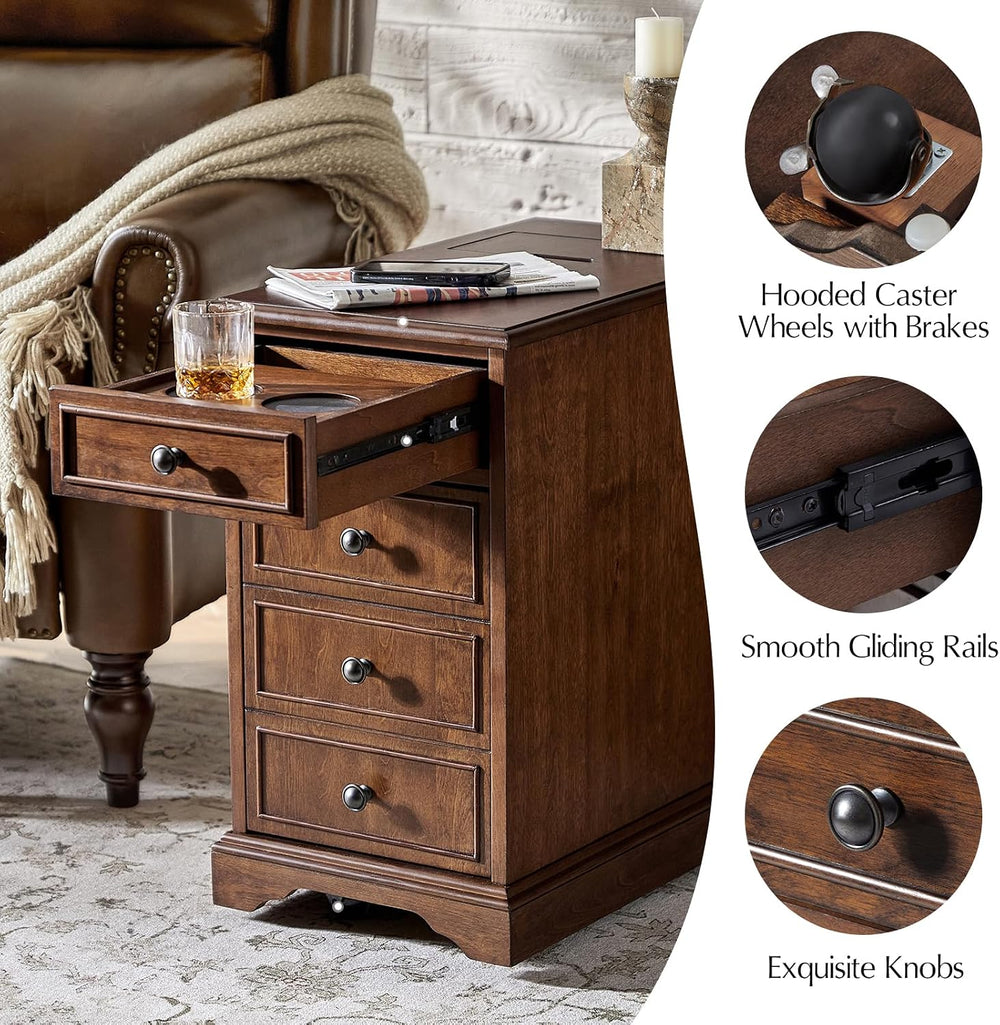 25" Tall Traditional End Table with Rolling Casters & Charging Stati...