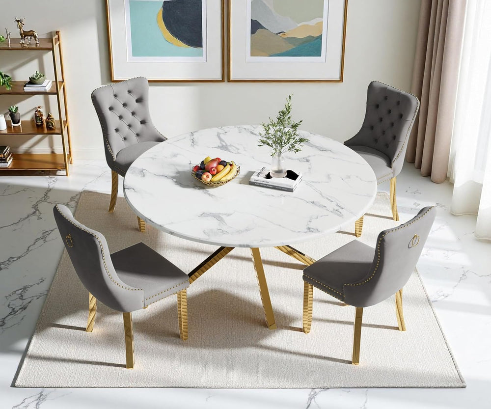 45" Marble Round Dining Table for 4 People, Modern Pedestal Kitchen Tabl...