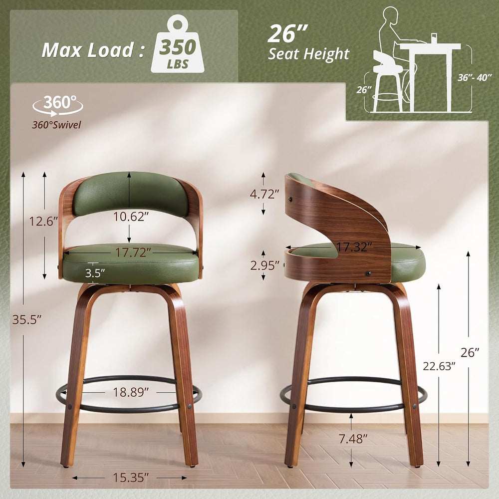 Swivel Bar Stools Set of 2,26" Faux Leather Upholstered Counter Height B...