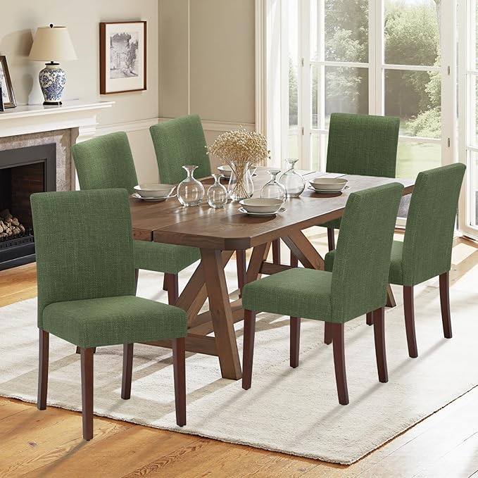 Upholstered Dining Chairs Set of 2 - Line Fabric Modern Farmhouse Kitchen Chairs,Mid-Back Dining Room Chairs with Wooden Legs