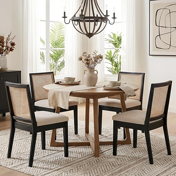 HNY Farmhouse Rattan Dining Chairs Set of 2, Mid Century Modern Kitchen & Dining Room Chairs, Cane Upholstered Kitchen Side Chair with Black Hardwood Frame, Beige