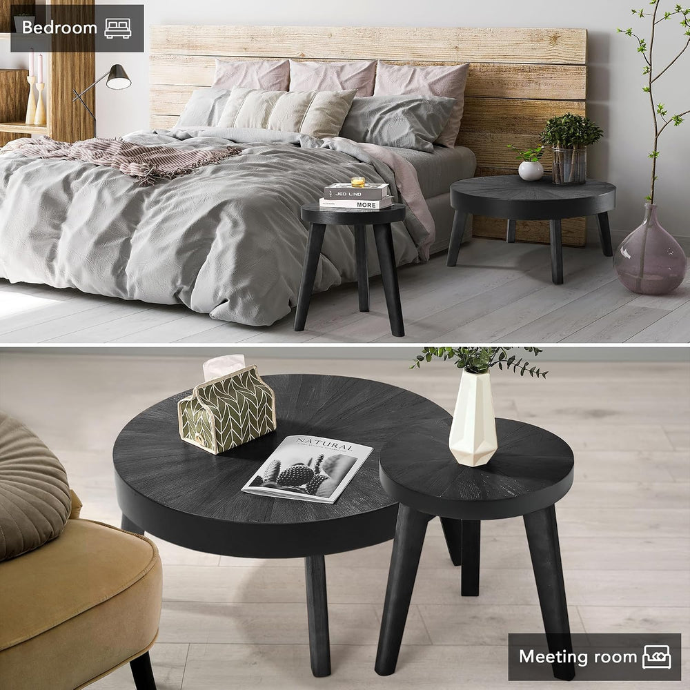 HOKYHOKY Farmhouse Round Coffee Table Set of 3, Coffee and End Table, Black |...
