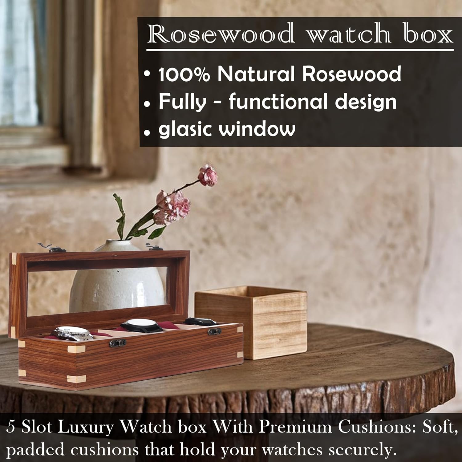 Wooden Watch Box for Men & Women, Watch Organizer & Display Case, Premium Long-Lasting Watch Holder for Storage, Elegant Gift for Watch Collectors (Glass Top, 5 Slots)