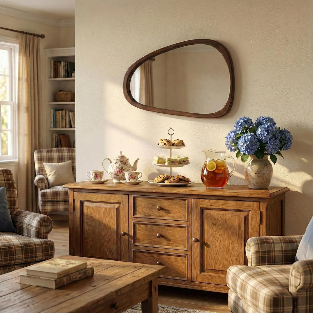 Solid Wood 30"x20" Dark Walnut Organic Irregular Wall Mirror Decor