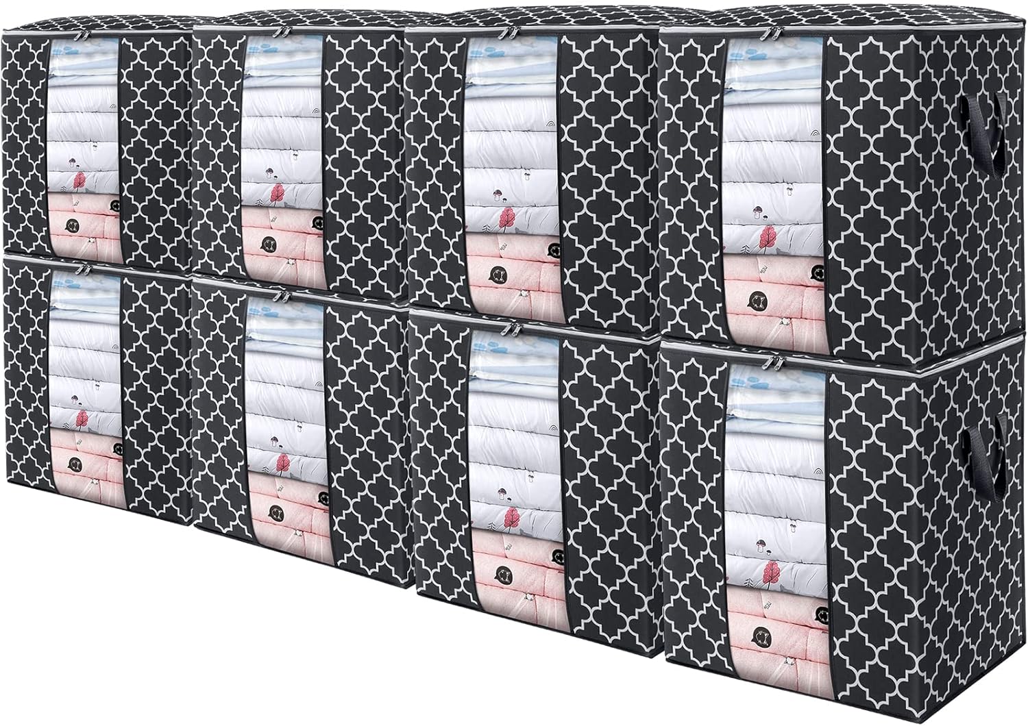 WISELIFE Storage Bags 8 Pack/100L Large Blanket Clothes Organization and Storage Containers for Comforters,Bedding, Foldable Organizer with Reinforced Handle, Clear Window, Sturdy Zippers,Black
