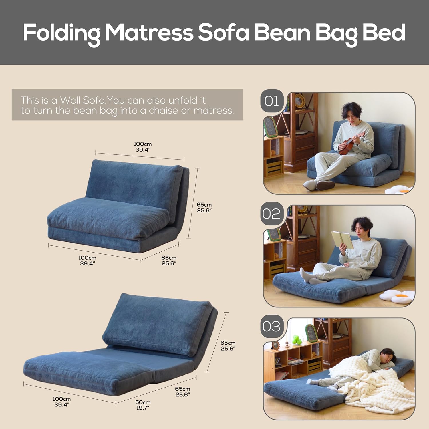 N&V Folding Matress Sofa Bean Bag Bed, Foam Filling Folding Matress Sofa, Includes Removable and Machine Washable Cover, Soft Premium Faux Fur (Small, Blue)
