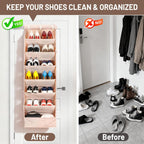 7 Tier Over The Door Shoe Organizer, Hanging Shoe Rack for Closet with Dustproof Mesh Curtain & 6 Side Pockets, Behind The Door Narrow Shoe Holder Hanger for Sneakers, Boots (Beige)
