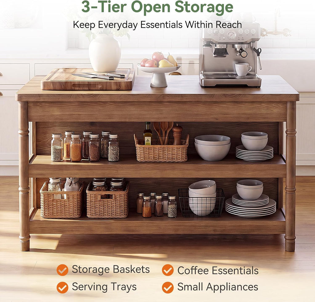 63" Solid Wood Kitchen Island Table with Storage & Seating | Three-Tier Storage, Full-Length Open Shelves, Counter Stool Compatible, Elegant Turned Legs, Farmhouse Style