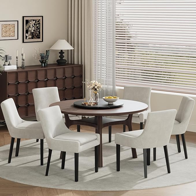 COLAMY Modern Dining Chairs Set of 6, Upholstered Corduroy Accent Side Leisure Chairs with Mid Back and Wood Legs for Living Room/Dining Room-Beige