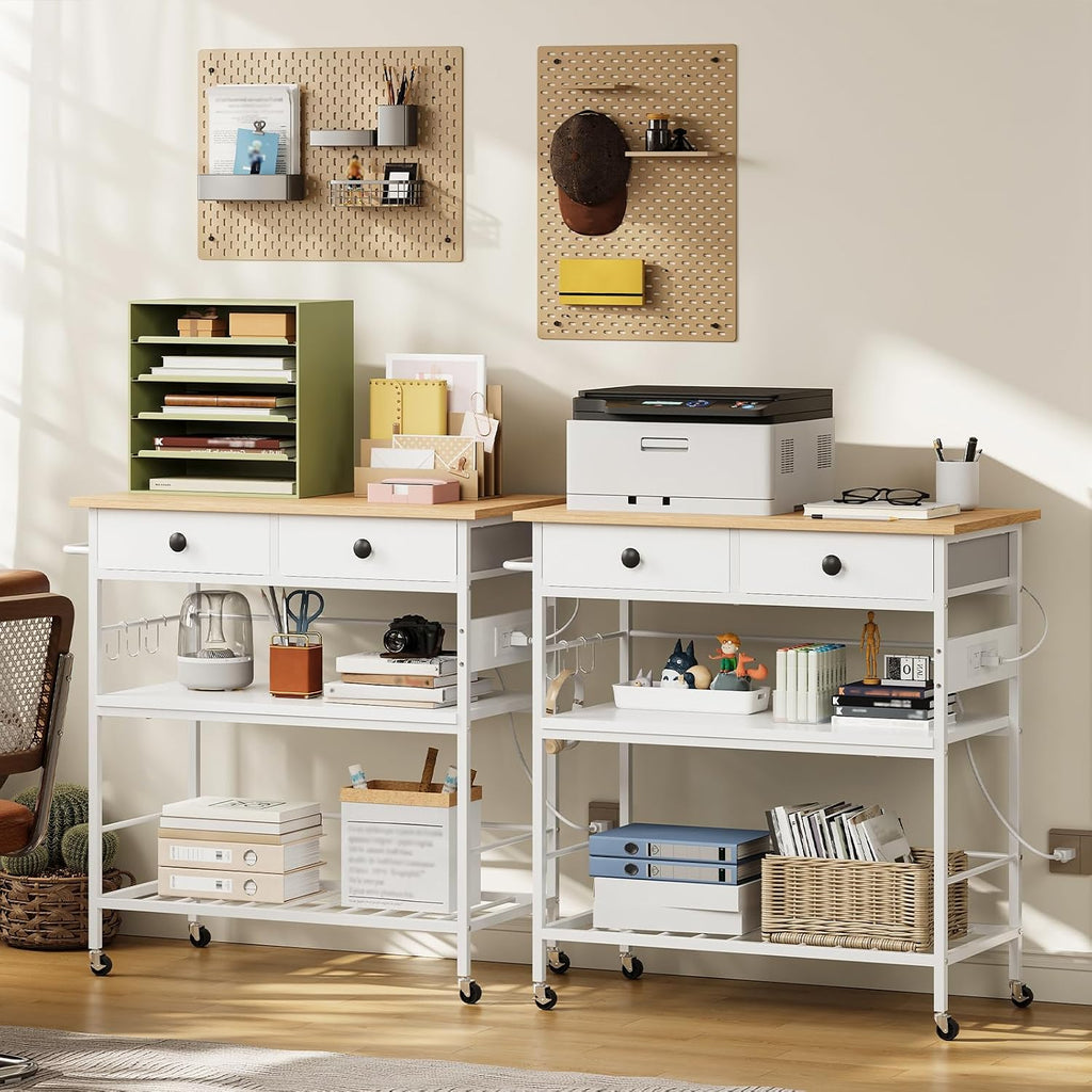 HOOBRO Kitchen Island with Storage, Rolling Island Cart for Kitchen with 2 Drawers & Outlet, 3 Tier Coffee Station and Microwave Stand, Kitchen Island Table for Home, Natural and White WN08UZD01