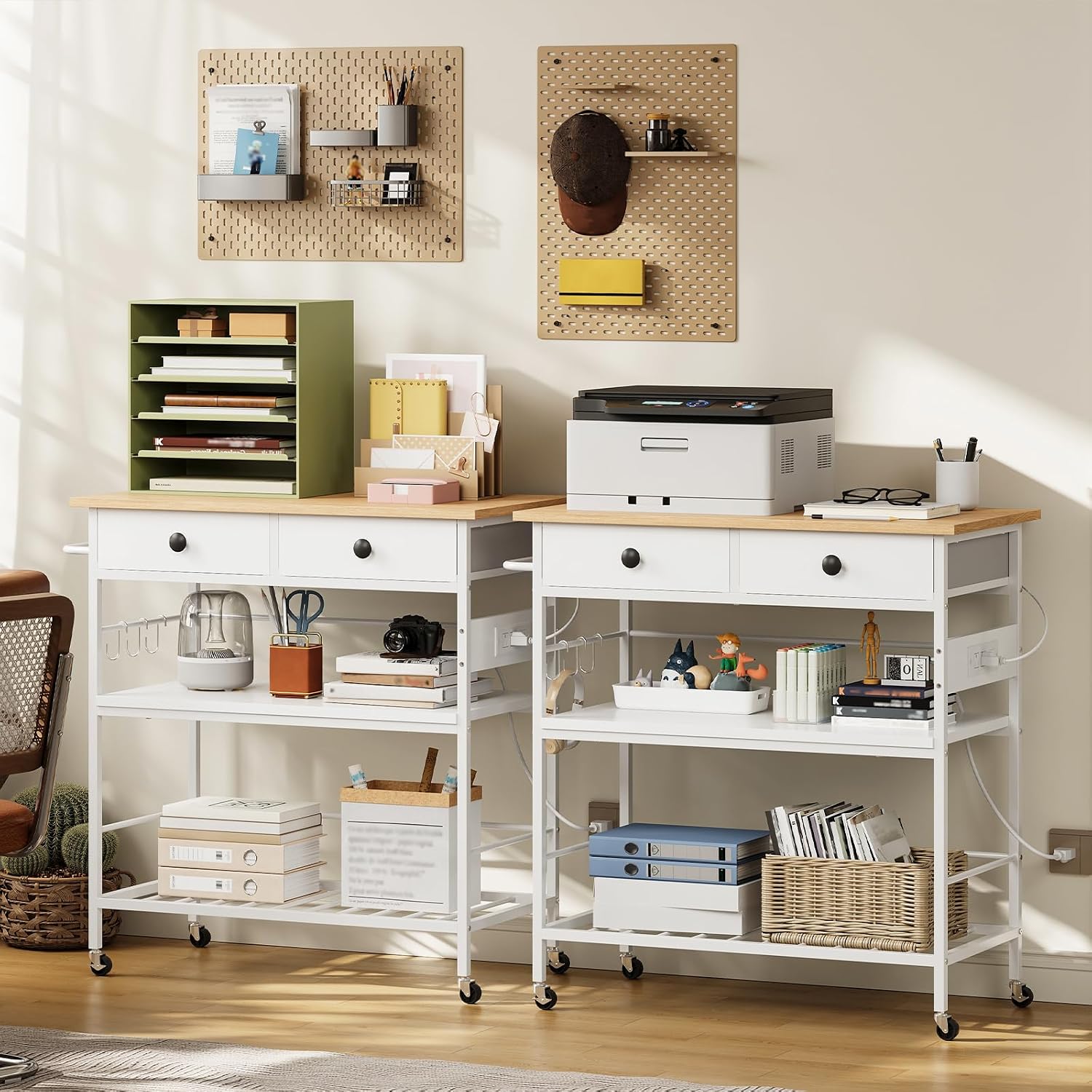 HOOBRO Kitchen Island with Storage, Rolling Island Cart for Kitchen with 2 Drawers & Outlet, 3 Tier Coffee Station and Microwave Stand, Kitchen Island Table for Home, Natural and White WN08UZD01