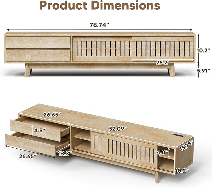 Mid Century Modern TV Stand for 85 Inch TVs, 78.7" Entertainment Center with Storage & Power Outlet, Media Console w/Drawers and Sliding Door, Television Stands for Living Room, Natural