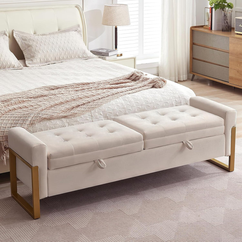 67" Storage Bench for Bedroom, End of Bed Bench King Size, Beige | Doubl...