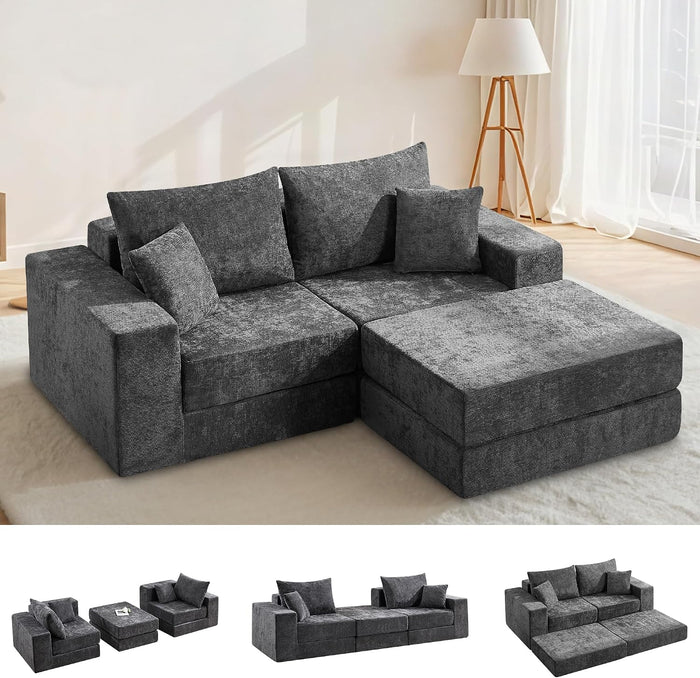 79" Boneless Couch with Ottoman, Compressed Sleeper Sofa Bed, Dark Grey